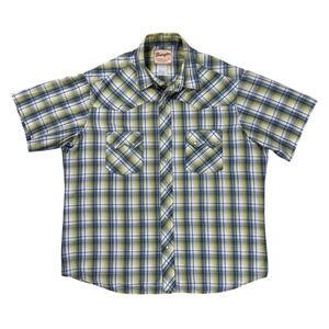 80's Wrangler Western Pearl Snap Vintage Mens XL Short Sleeve Plaid Camp Shirt